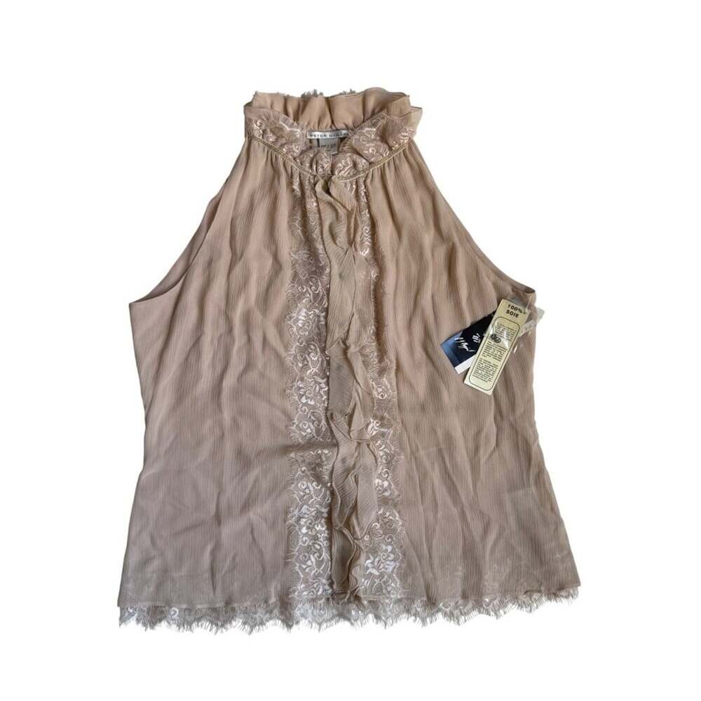 NWT Peter Nygard Beige Sheer Silk Top with Lace & Ruffles - Size 16